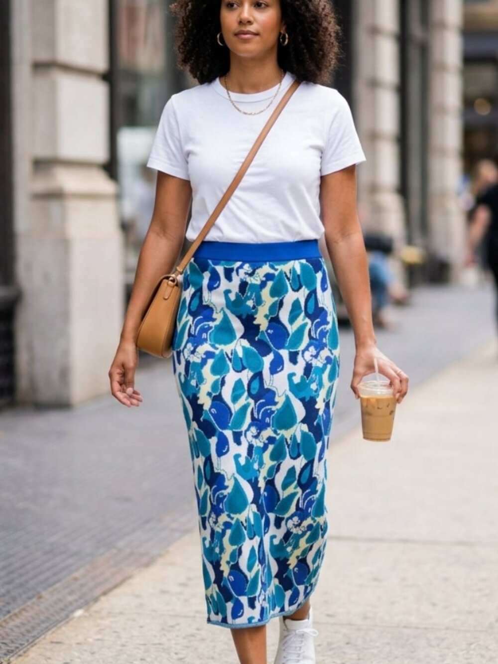 STAUD Blue & Yellow Abstract Print Midi Skirt